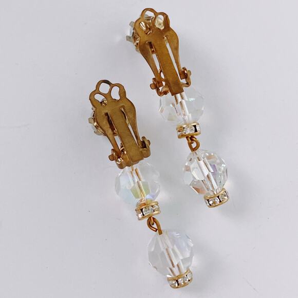 Vintage Mid Century AB Crystal Cocktail Earrings 1950s 1960s Gold Tone Clip On - Picture 9 of 15